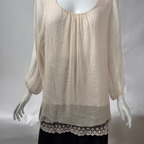 Sheer Beige Blouse With Embroidered Hem & 3/4 Sleeves By Prontomoda Giusy - Picture 7 of 16